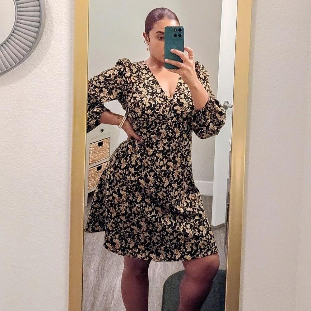 Lucy Paris black floral mini dress with gold floral print, size L